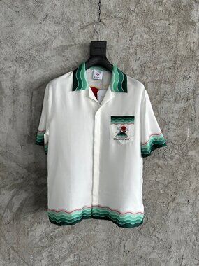 Casablanca Green Striped Mt. Fuji Print Silk Short-Sleeve Shirt